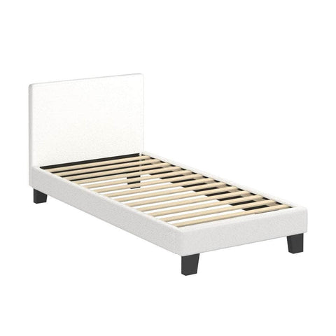 Single Bed Frame with Wooden Slats and Boucle Fabric Bed Base Mattress Platfrom White