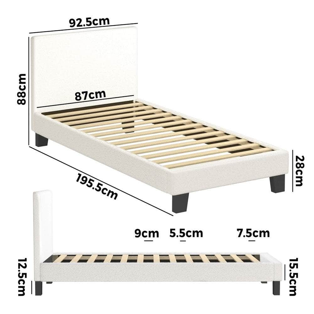 Single Bed Frame with Wooden Slats and Boucle Fabric Bed Base Mattress Platfrom White