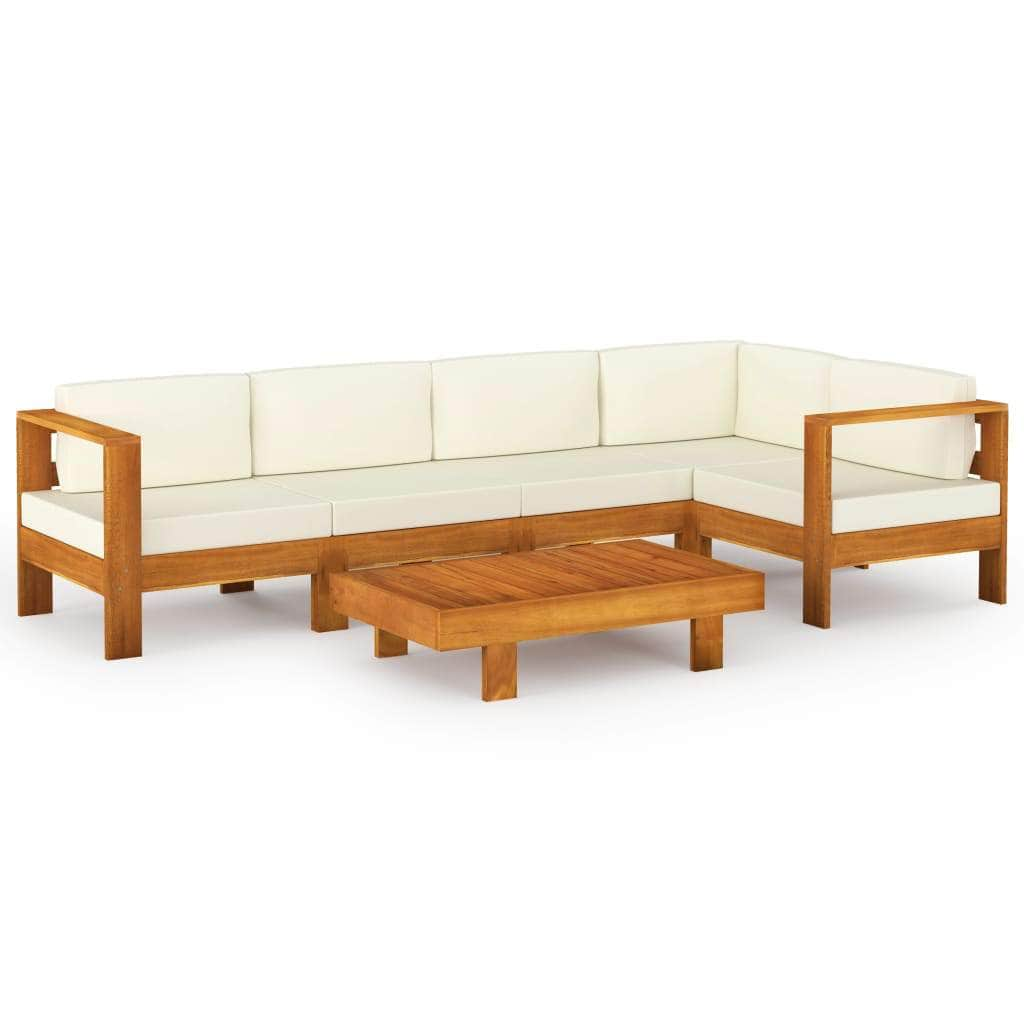 Six Piece Garden Lounge Set with Cream White Cushions Acacia Wood