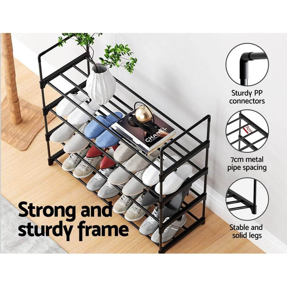 Sleek 4-Tier Shoe Rack - 16 Pairs Stackable Black