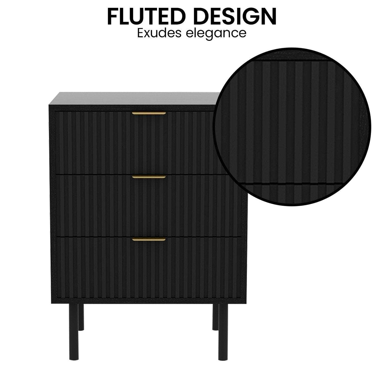 Sleek Black Bedside Table with 3 Handy Drawers