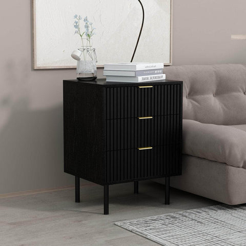 Sleek Black Bedside Table with 3 Handy Drawers