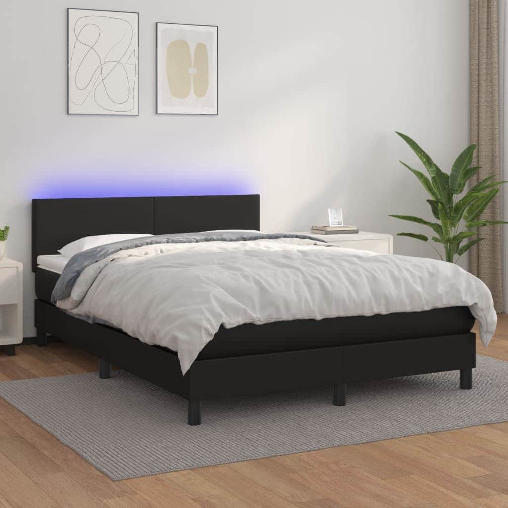 Sleek Black Queen Size Box Spring Bed with LED and Comfortable Mattress