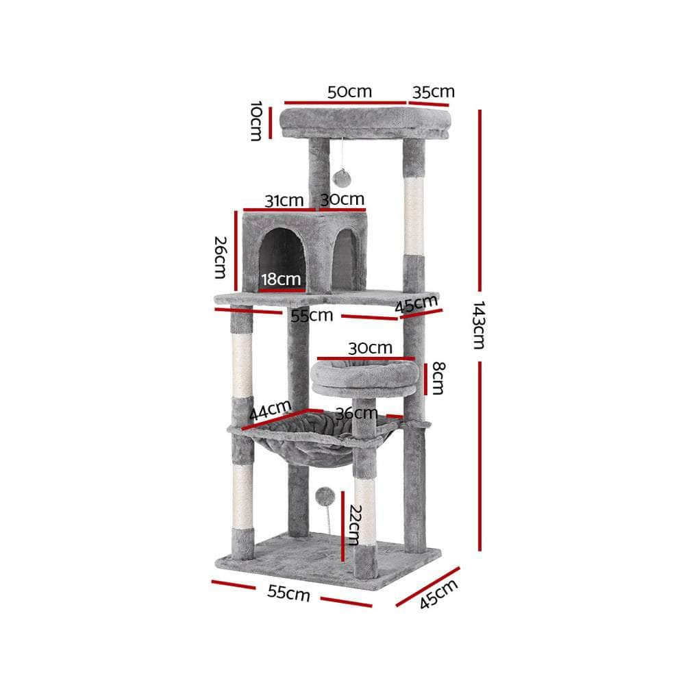 Sleek Cat Tree Tower with Scratching Posts - Grey 143cm