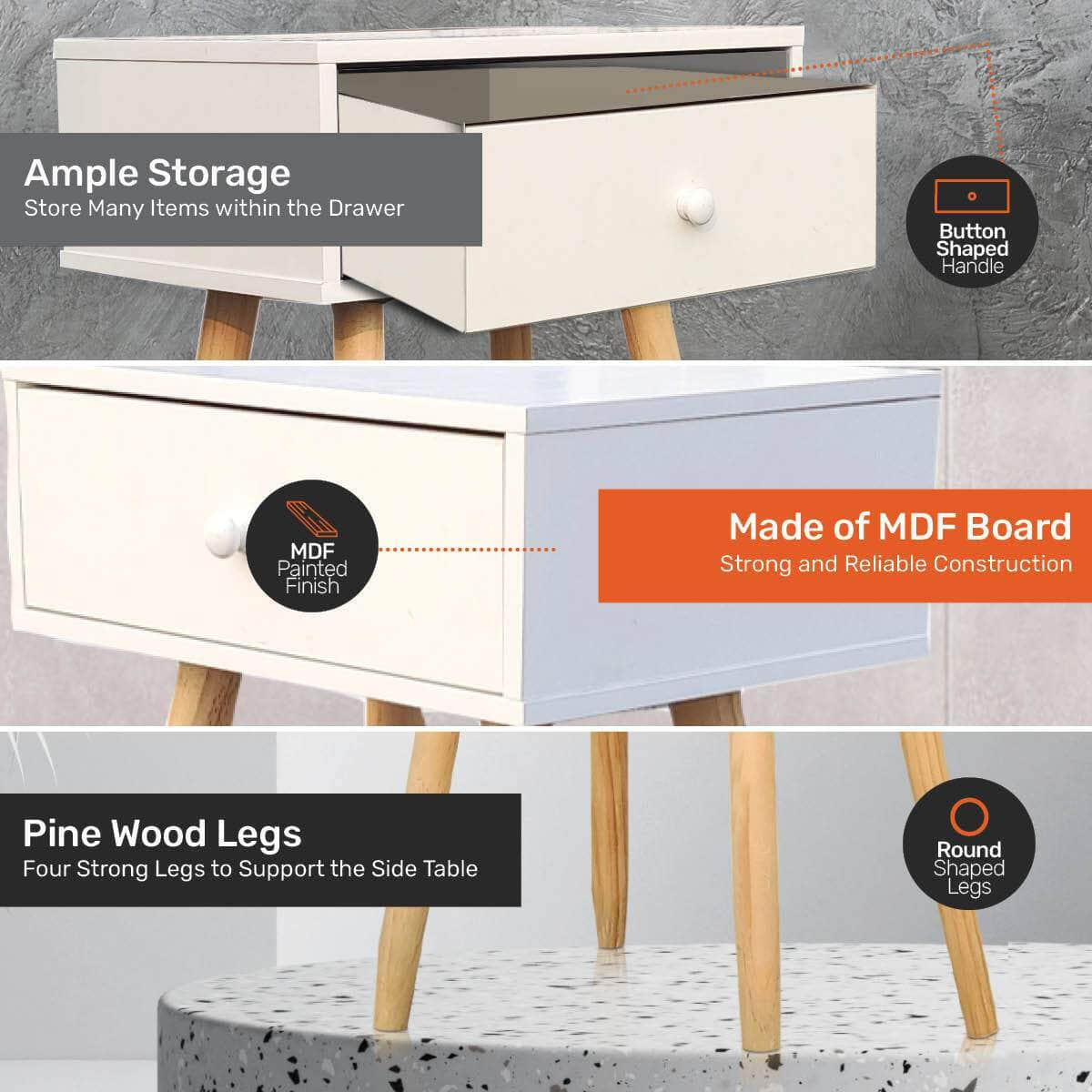 Sleek Modern 1-Drawer Side Table: Stylish Neutral Design (61cm)