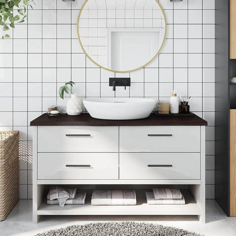 Sleek Modernity: Dark Grey Treated Solid Wood Bathroom Countertop