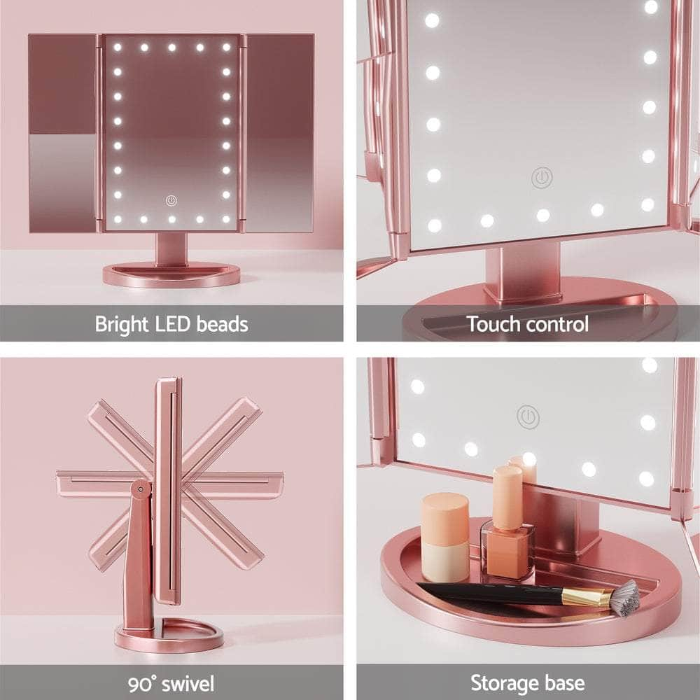 Sleek Pink Tri-Fold Makeup Mirror with LED