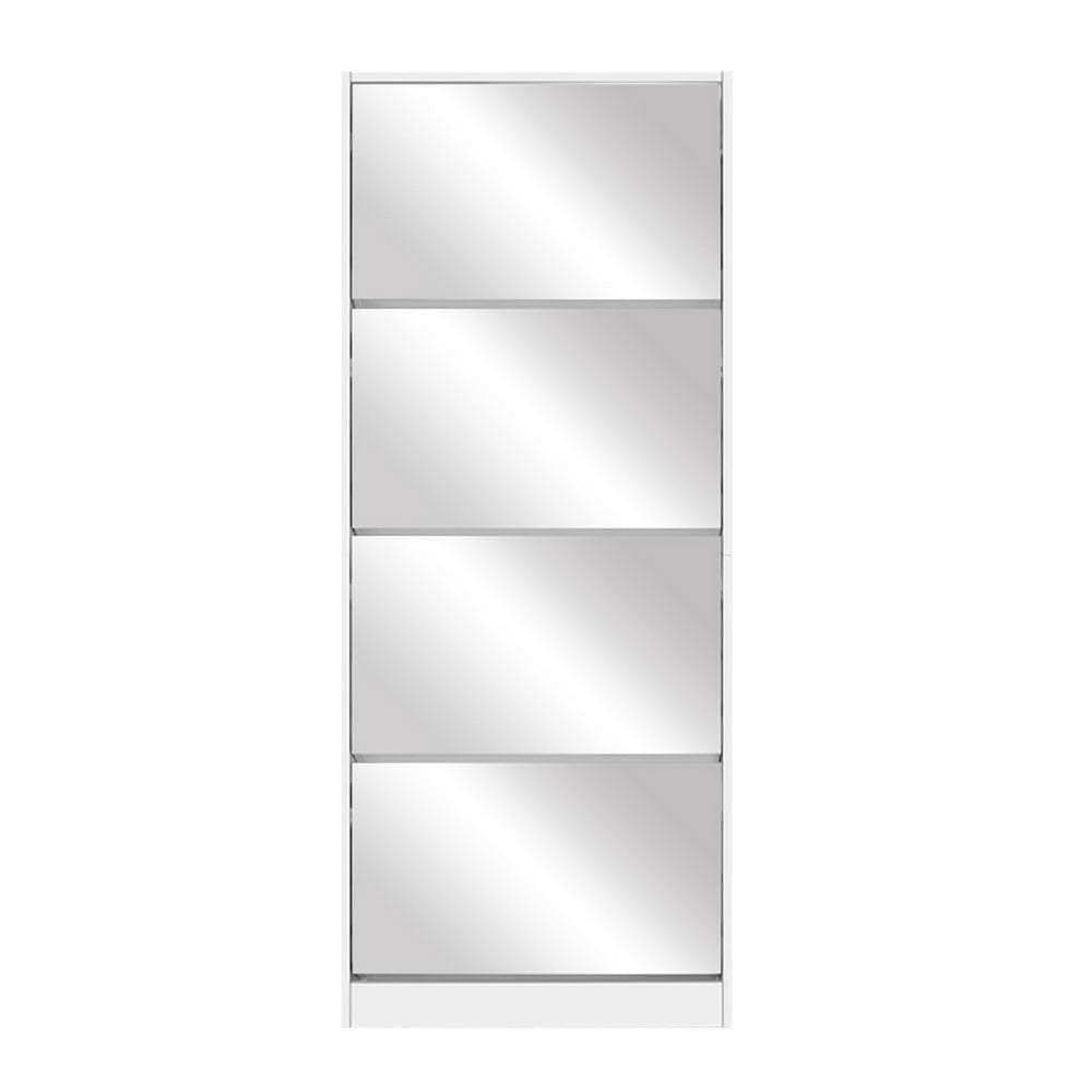 Sleek White Shoe Rack Cabinet with Mirror - 60 Pairs