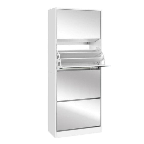 Sleek White Shoe Rack Cabinet with Mirror - 60 Pairs