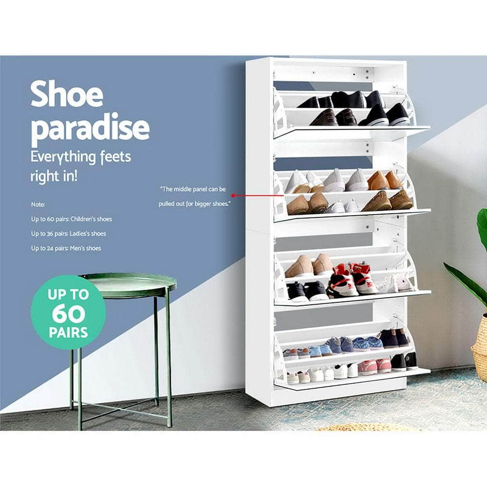 Sleek White Shoe Rack Cabinet with Mirror - 60 Pairs