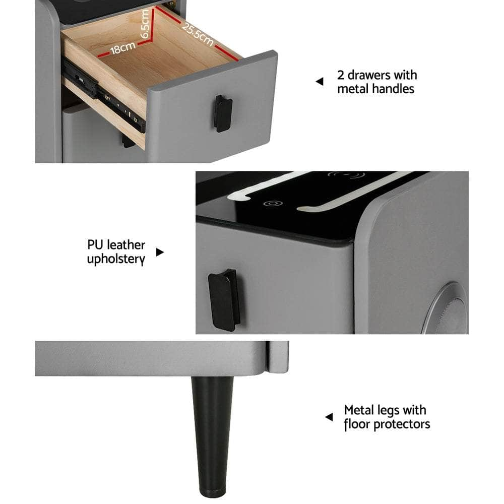 Smart Bedside Table 2 Drawers with Wireless Charging Ports LED Grey AIDA