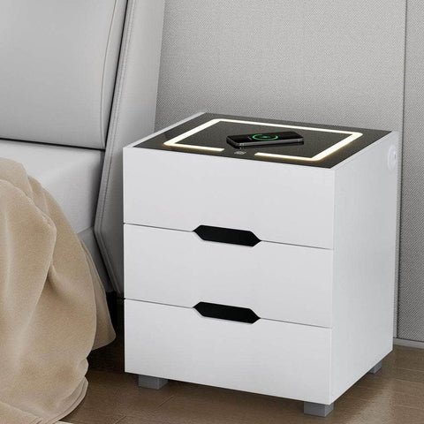 Smart Bedside Table 3 Drawers with Wireless Charging Ports LED White