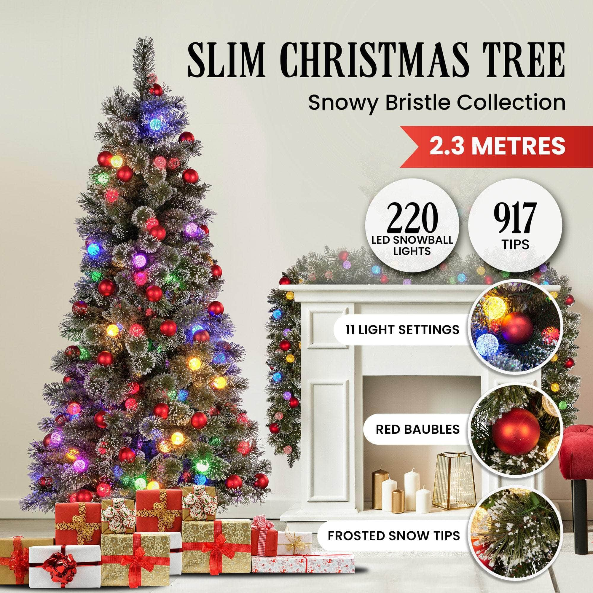 Snowy Bristle 2.3m Slim Multicolour Pre-Lit Christmas Tree with 917 Tips