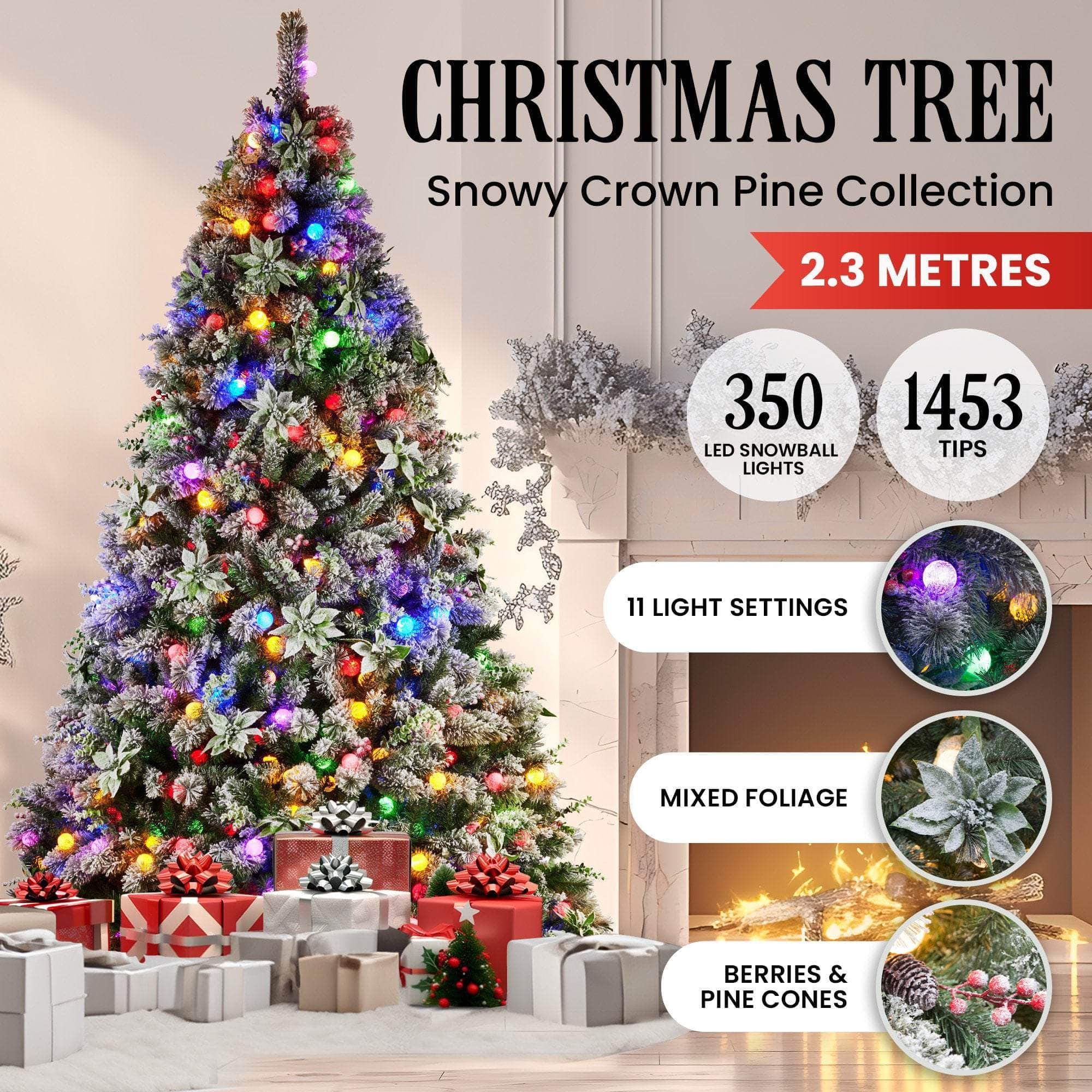 Snowy Crown Pine 2.3m Multicolour Pre-Lit Christmas Tree with 1453 Tips