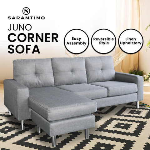 Linen Corner Sofa Couch Lounge Chaise with Metal Legs - Grey