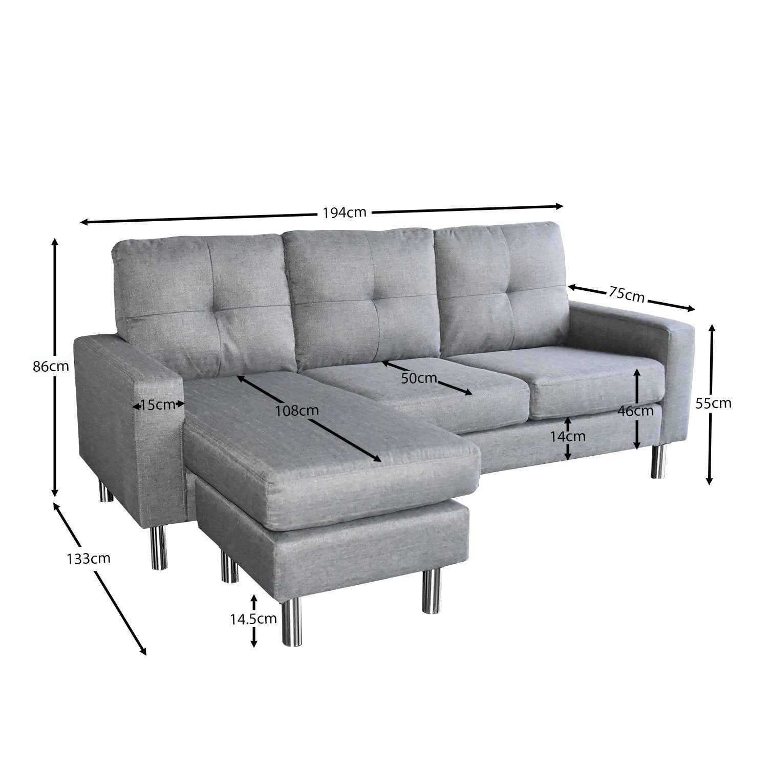 Linen Corner Sofa Couch Lounge Chaise with Metal Legs - Grey