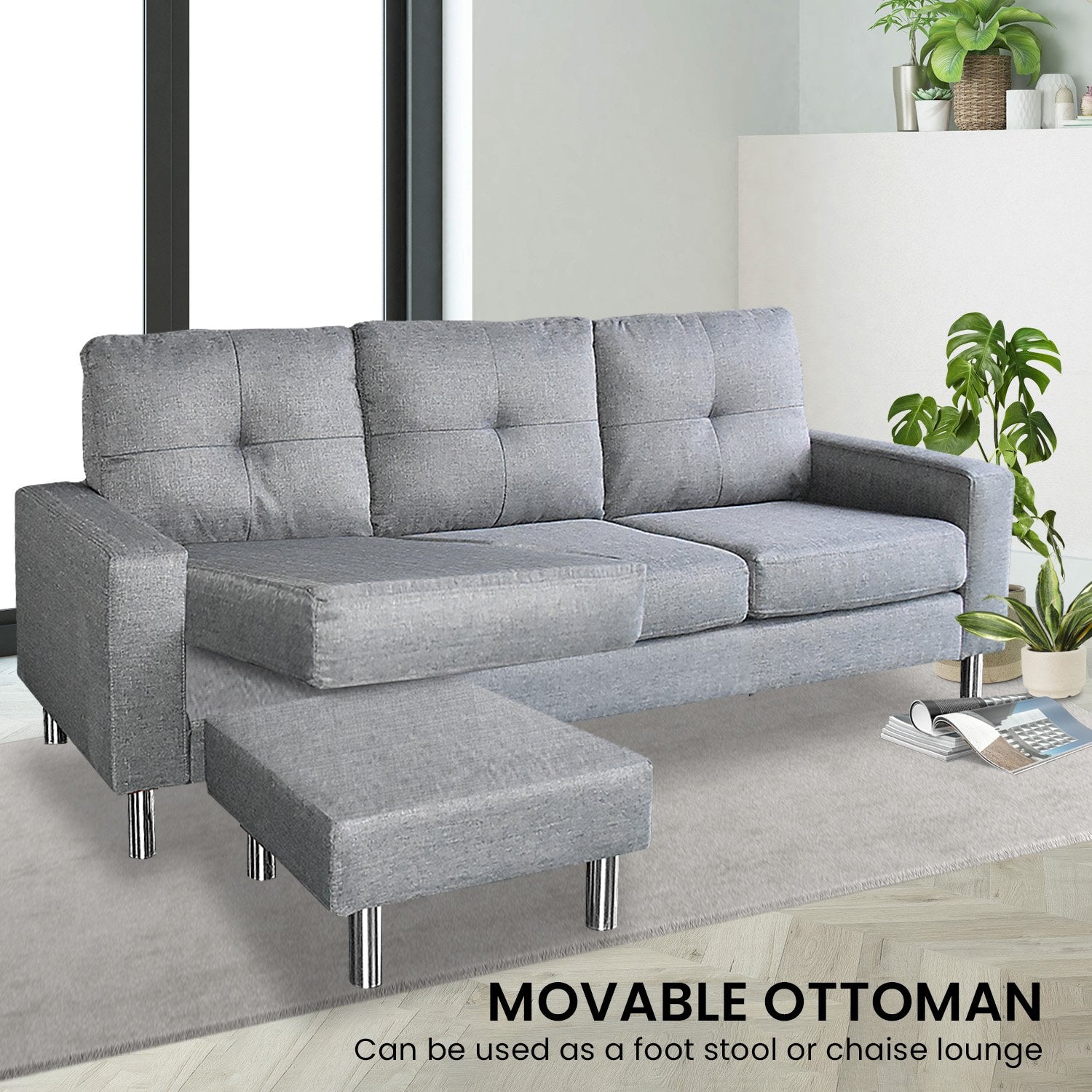 Linen Corner Sofa Couch Lounge Chaise with Metal Legs - Grey