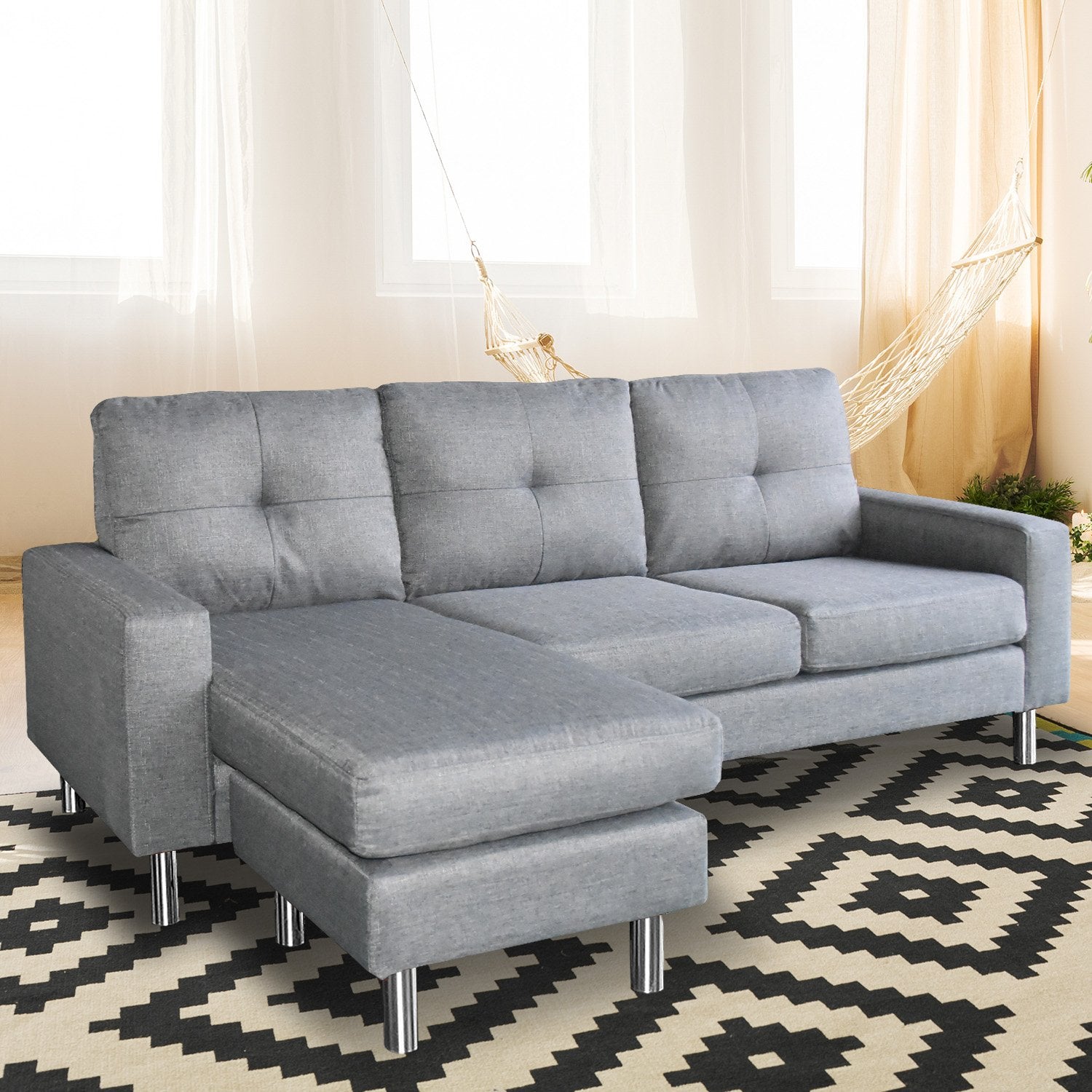 Linen Corner Sofa Couch Lounge Chaise with Metal Legs - Grey