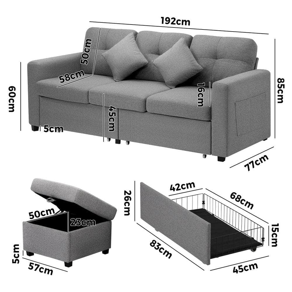 Sofa 3 Seater Chaise Modular Couch Drawers Ottoman Fabric