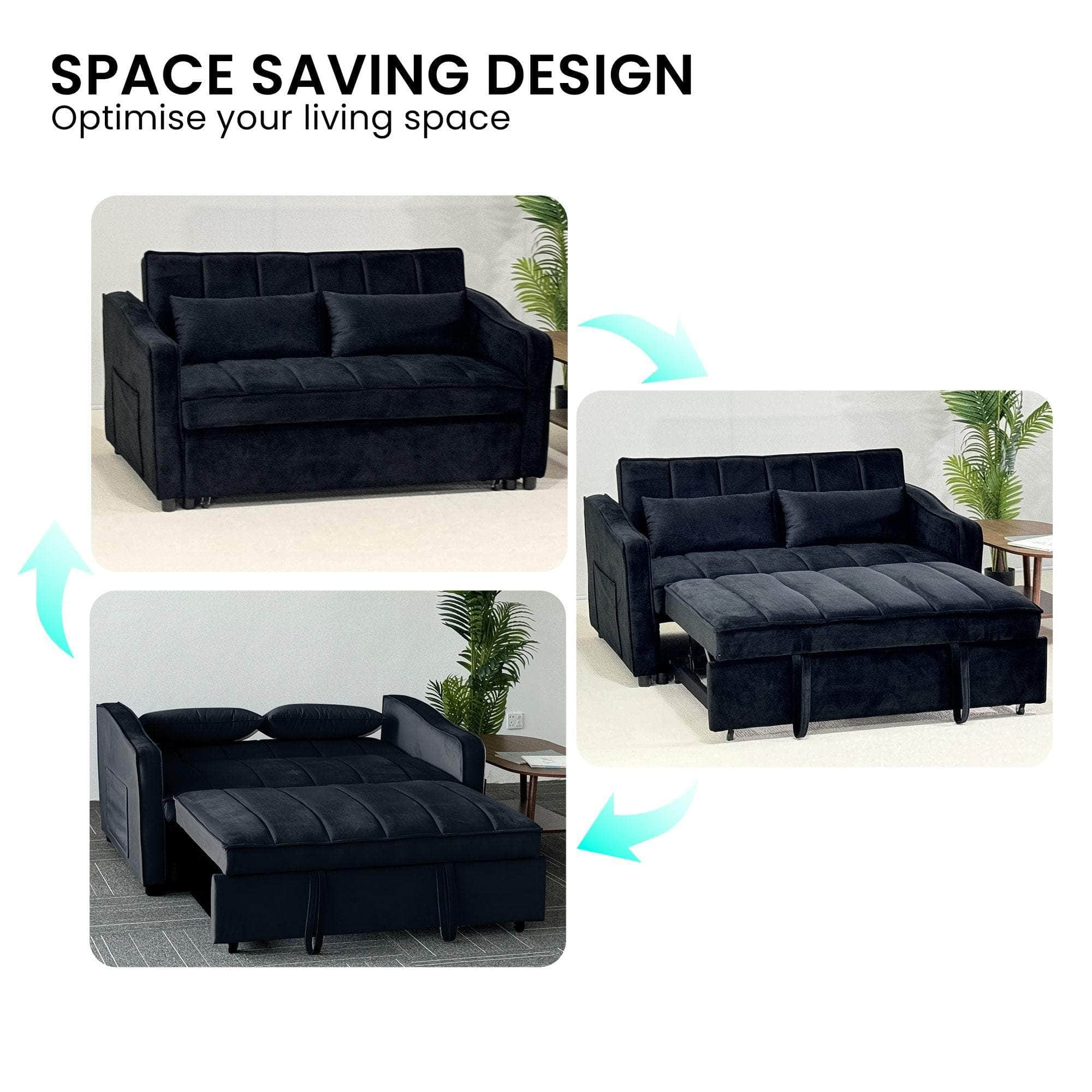 Light Black/Dark/Light grey Velvet 2-Seater Sofa Bed with Comfortable Sleeping