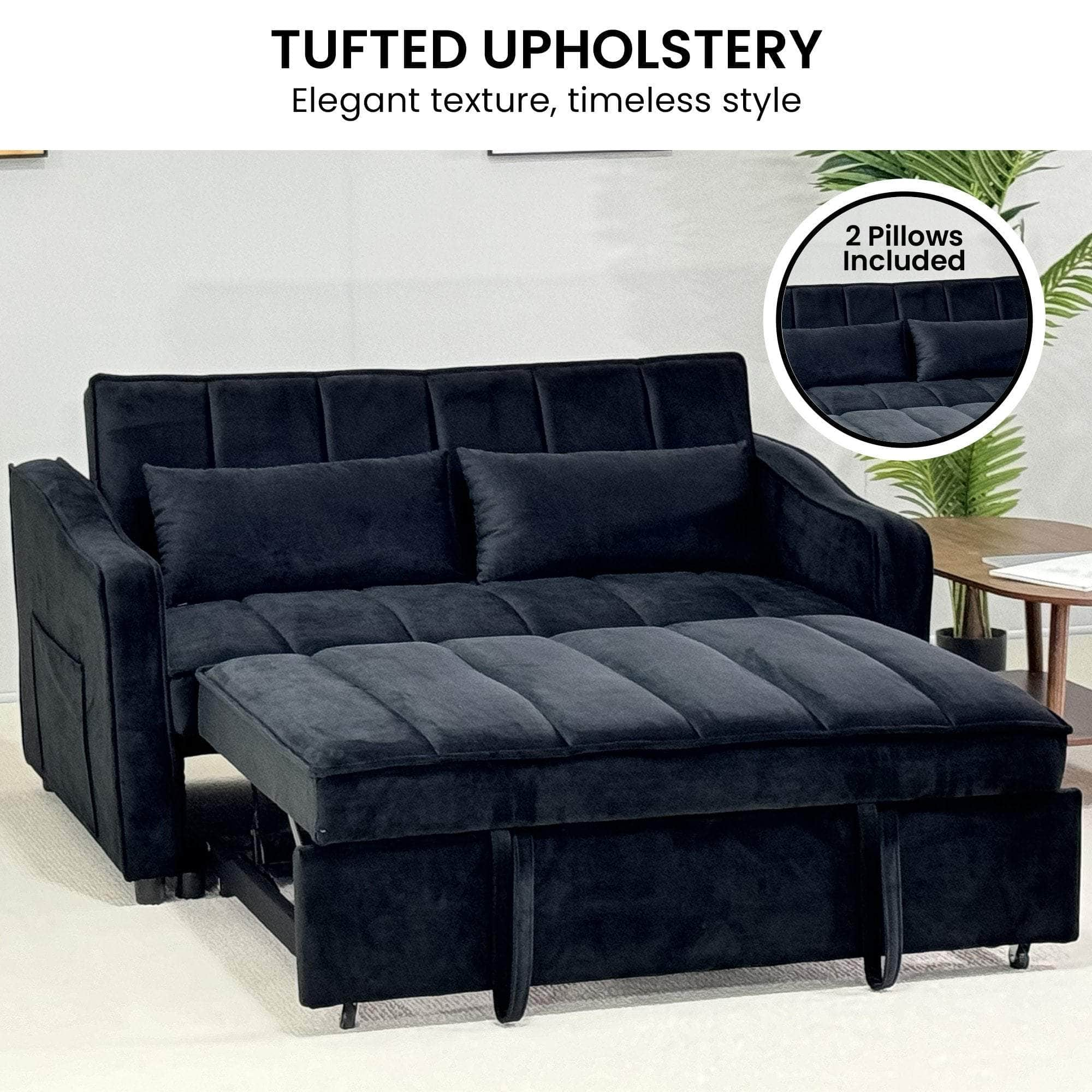 Light Black/Dark/Light grey Velvet 2-Seater Sofa Bed with Comfortable Sleeping