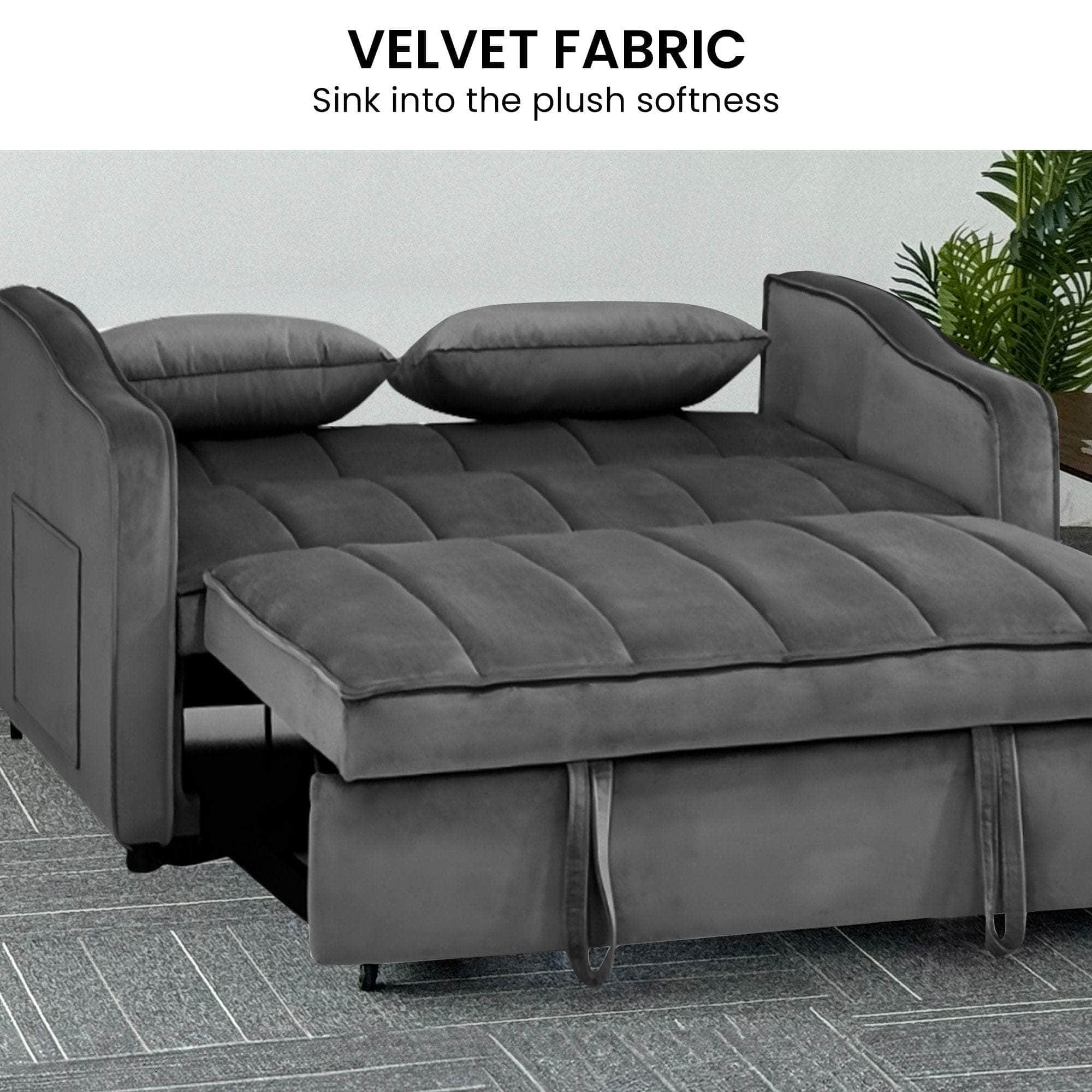 Light Black/Dark/Light grey Velvet 2-Seater Sofa Bed with Comfortable Sleeping