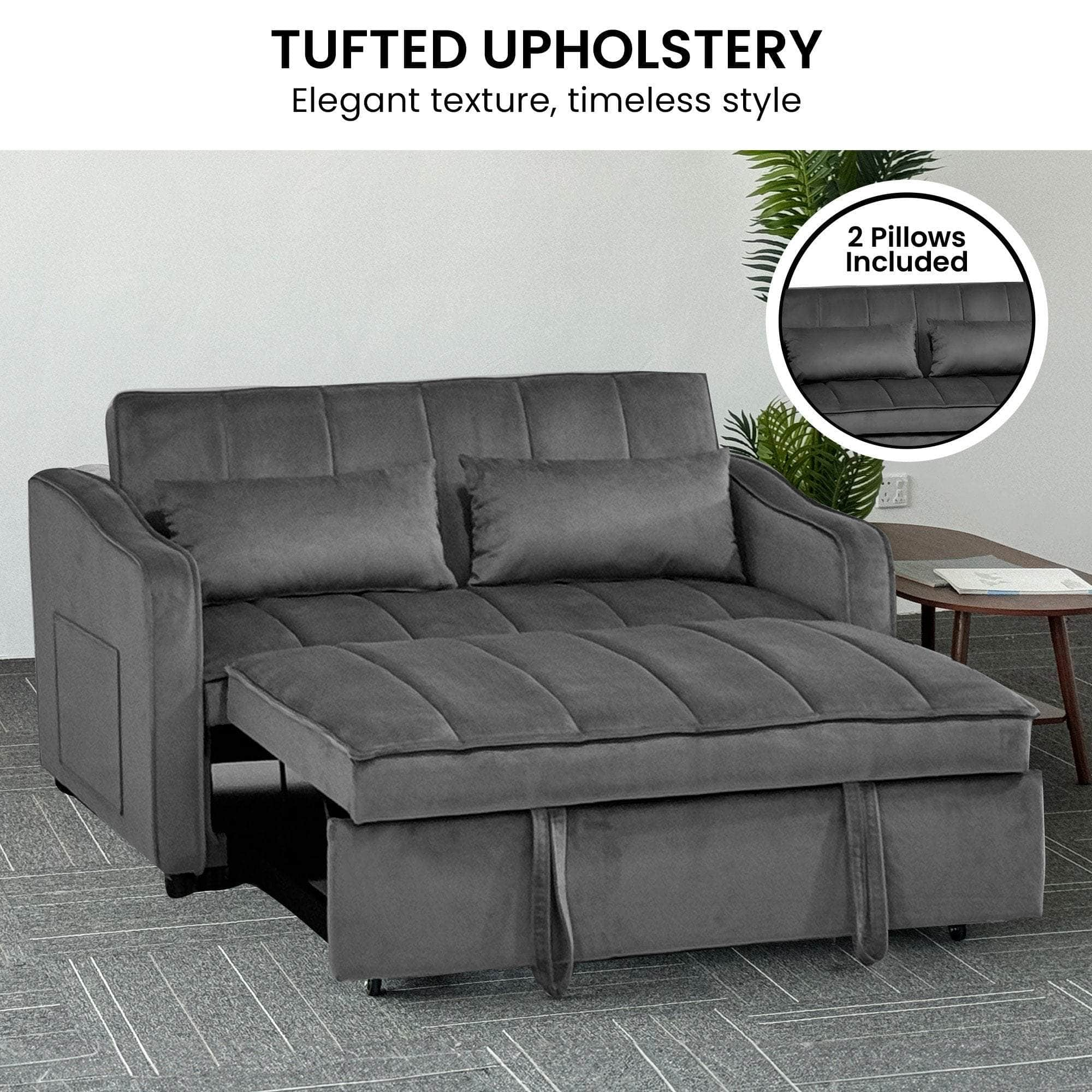 Light Black/Dark/Light grey Velvet 2-Seater Sofa Bed with Comfortable Sleeping