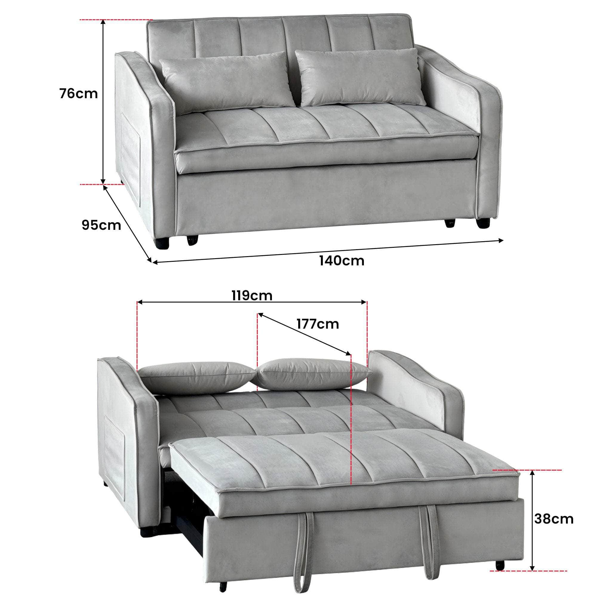 Light Black/Dark/Light grey Velvet 2-Seater Sofa Bed with Comfortable Sleeping