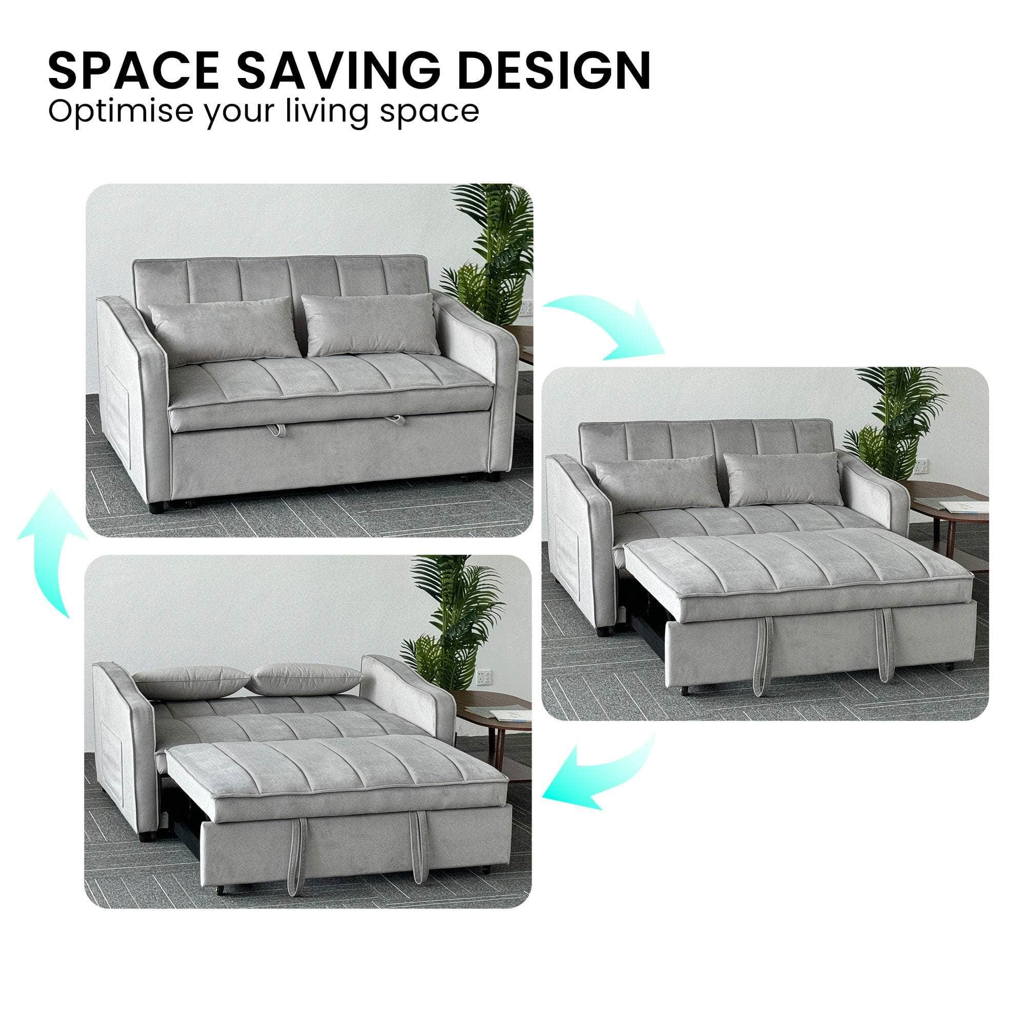 Light Black/Dark/Light grey Velvet 2-Seater Sofa Bed with Comfortable Sleeping