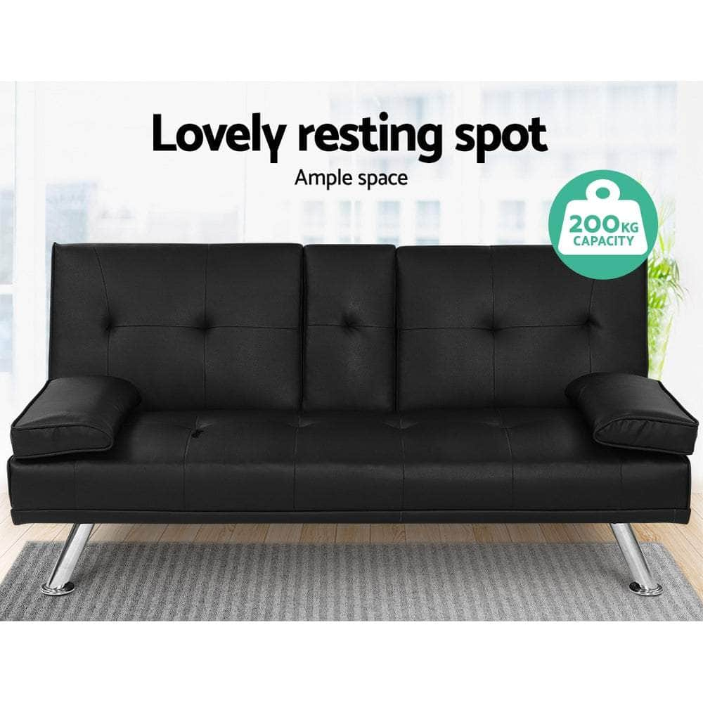 Sofa Bed 168Cm Black Pu Leather