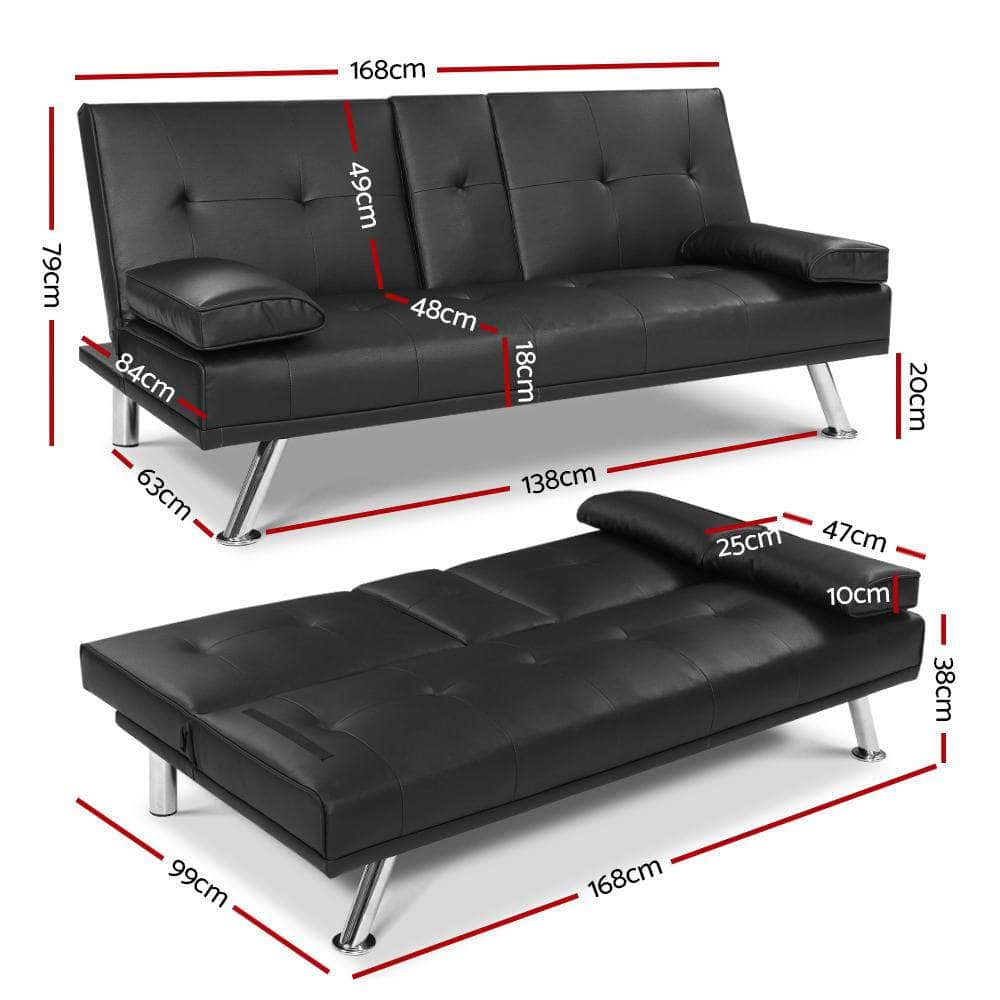 Sofa Bed 168Cm Black Pu Leather