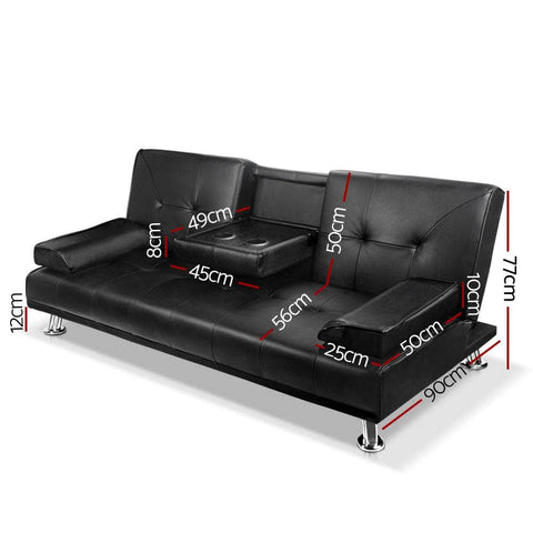 Sofa Bed 188Cm Black Pu Leather