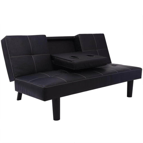 Sofa Bed with Drop-Down Table Artificial Leather Black