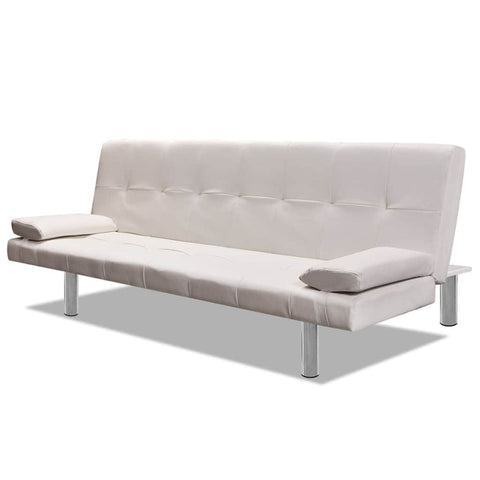 Sofa Bed with Two Pillows Artificial Leather Adjustable Cream White