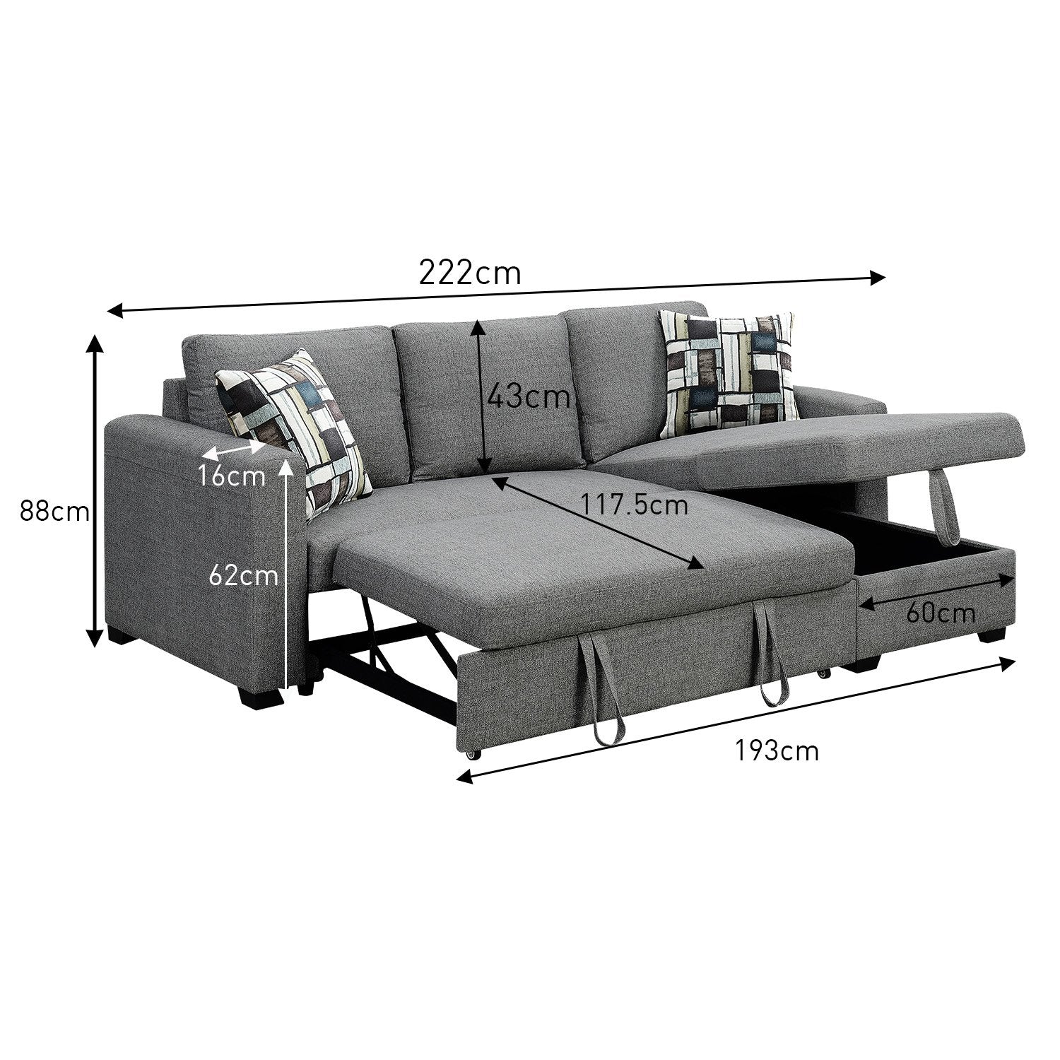 Fontana Pullout Sofa Bed with Storage Chaise Lounge  - Grey