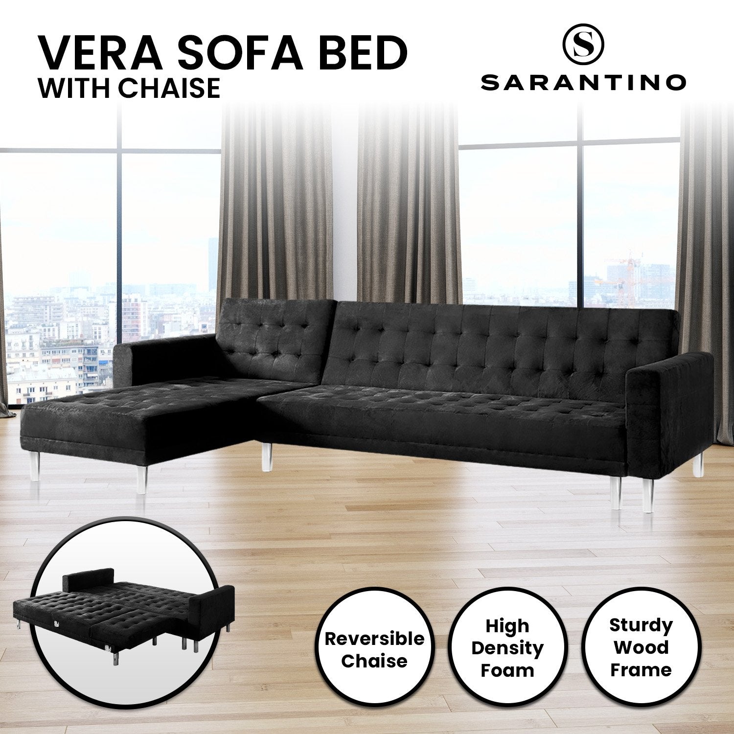 Velveteen Corner Wooden Sofa Bed Couch w/ Chaise Black