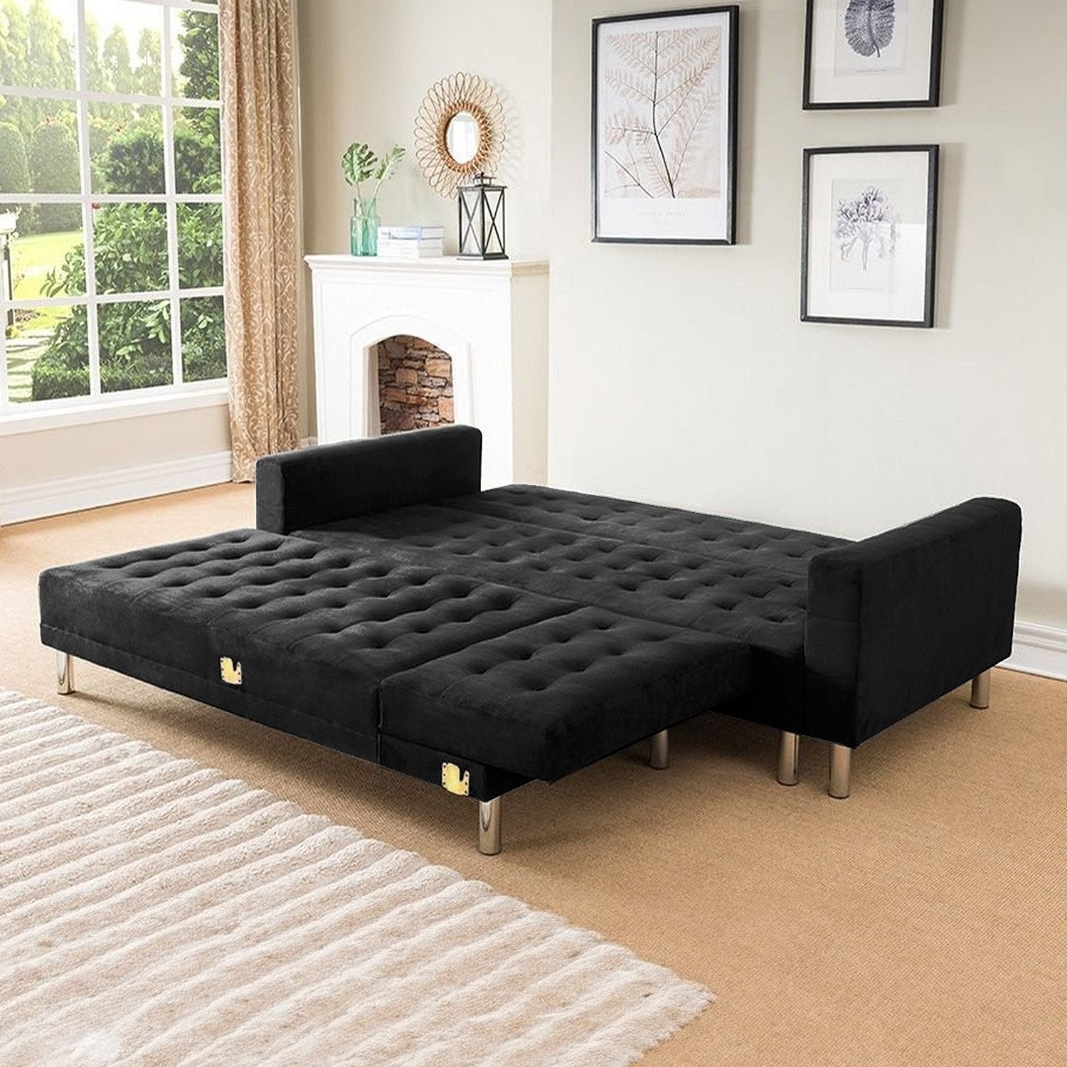 Velveteen Corner Wooden Sofa Bed Couch w/ Chaise Black