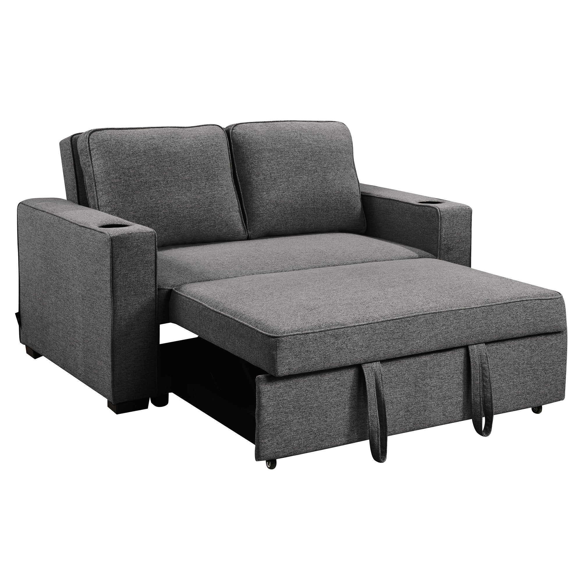 Dark Grey Linen Sofa Bed with Cushions and Convenient Cup Holders