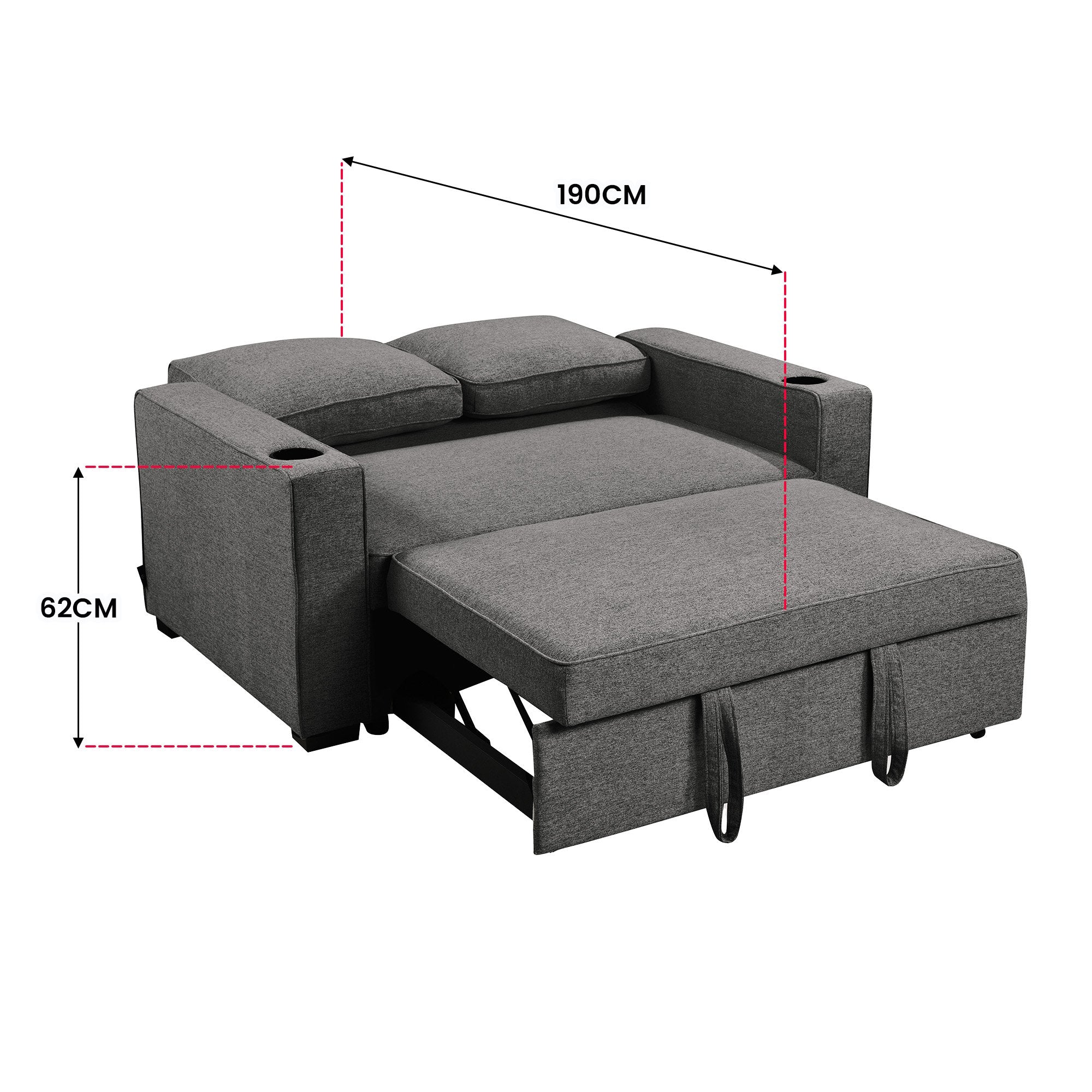 Dark Grey Linen Sofa Bed with Cushions and Convenient Cup Holders