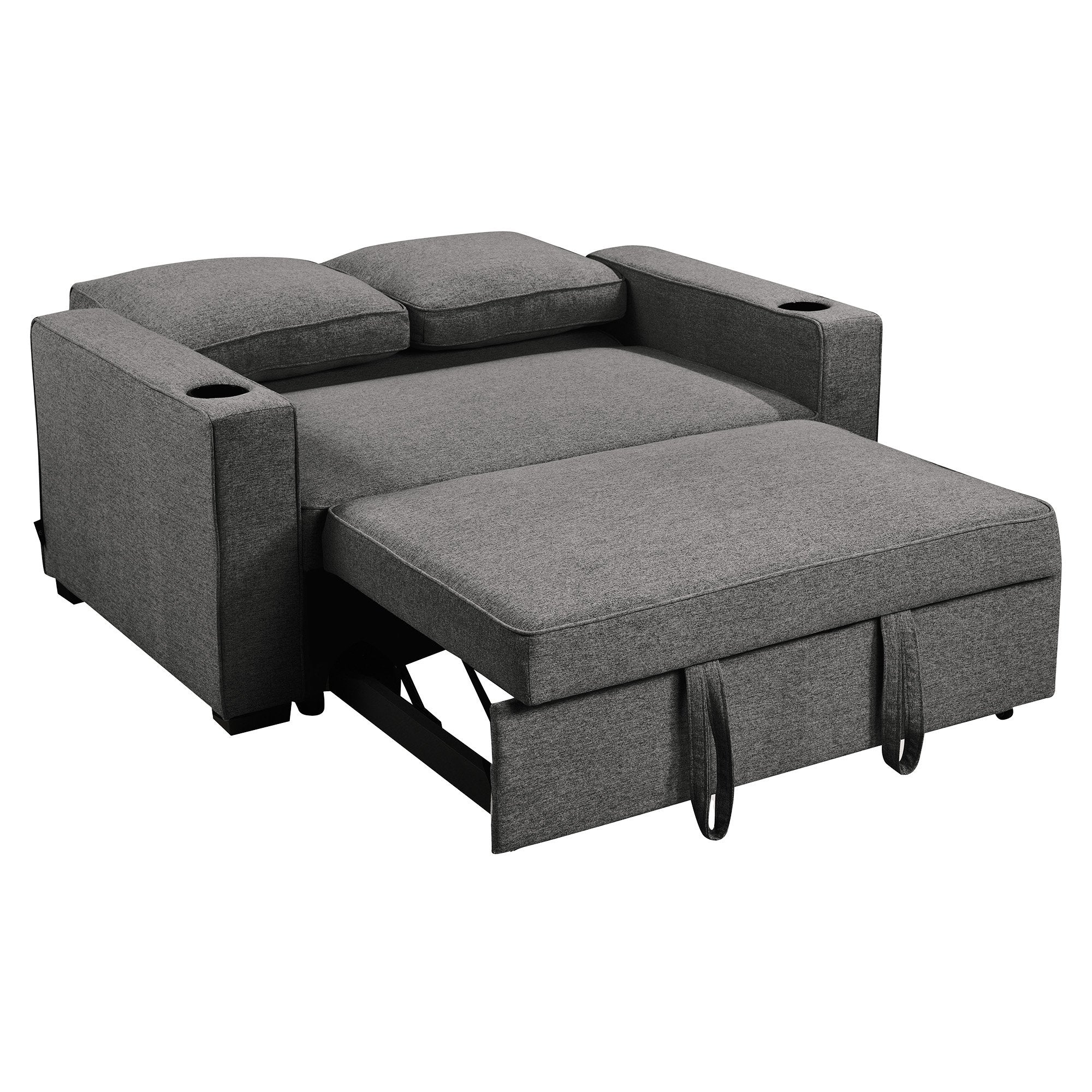 Dark Grey Linen Sofa Bed with Cushions and Convenient Cup Holders