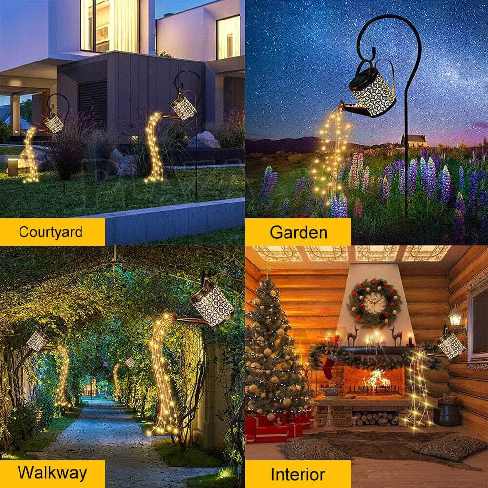 Solar LED Watering Can String Light Outdoor Garden Tree Art Waterfall Lamp Decor