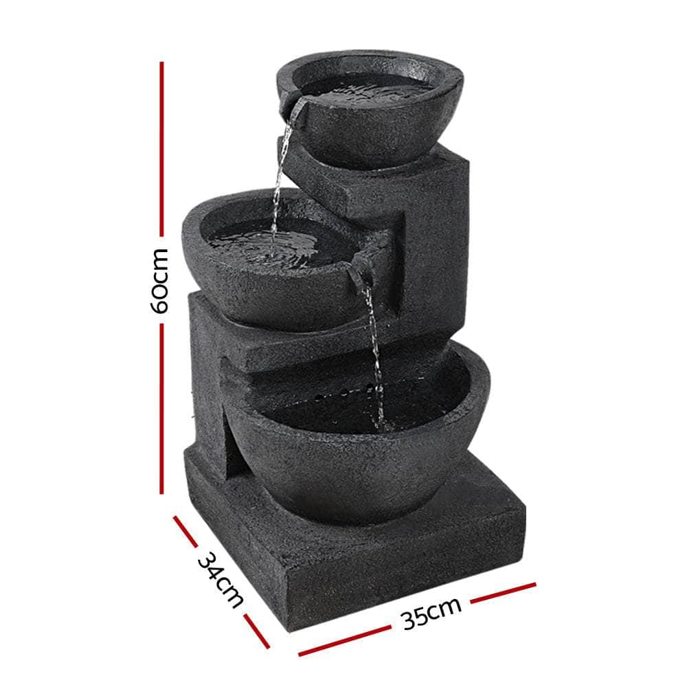 Solar Water Feature With Led Lights 3-Tier Bowls 60Cm