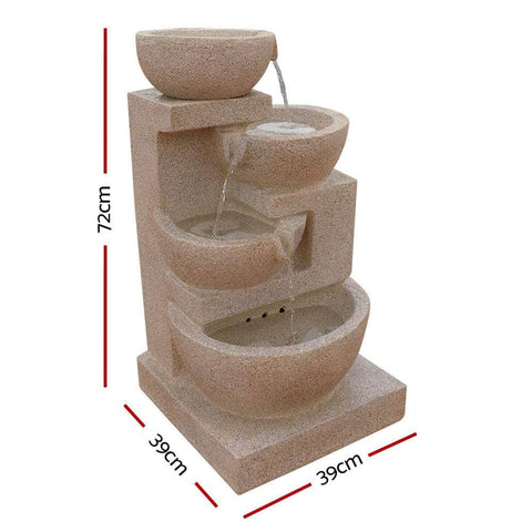 Solar Water Feature Cascading Fountain 4-Tier Bowl LED Lights 72CM Sand