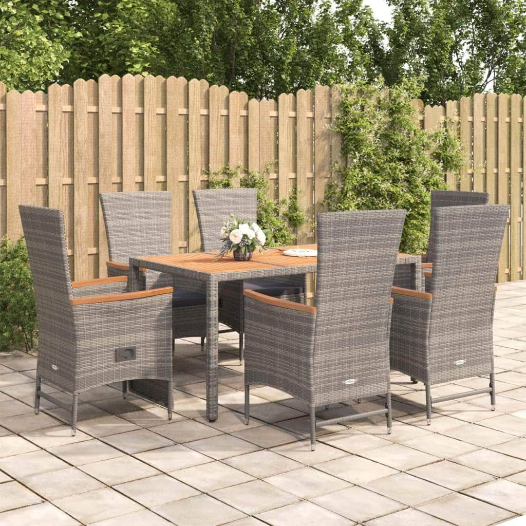 Sophisticated Garden Retreat: 7-Piece Grey Poly Rattan Dining Set with Cushions