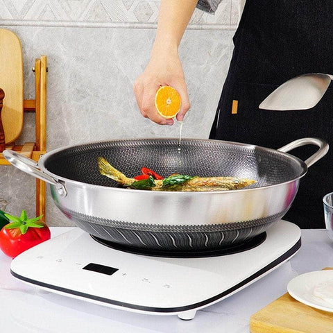 Stainless Steel 34Cm Double Ear Non-Stick Stir Fry Cooking Kitchen Wok Pan Double Sided