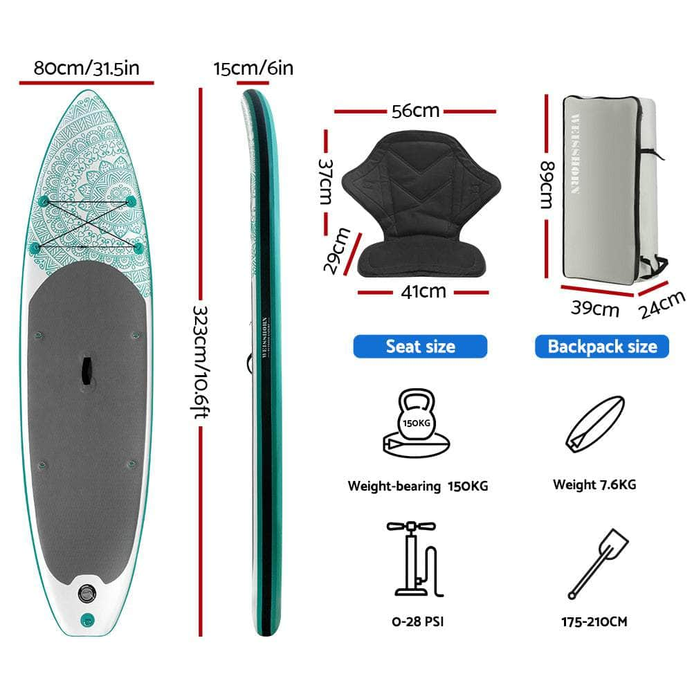 Stand Up Paddle Board 10.6Ft Inflatable Sup Surfboard Paddleboard Kayak Surf Green