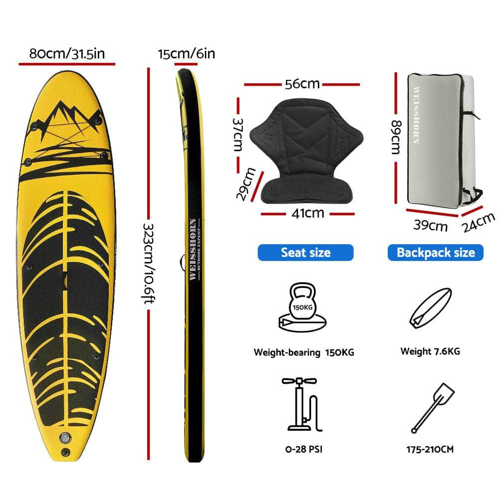 Stand Up Paddle Board 10.6Ft Inflatable Sup Surfboard Paddleboard Kayak Yellow