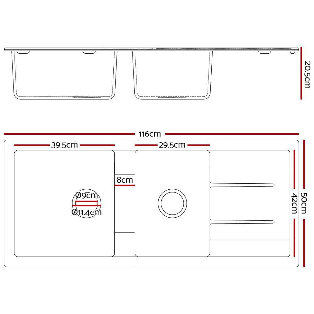 Stone Kitchen Sink 1160X500Mm Granite Under/Topmount Basin Double Bowl White