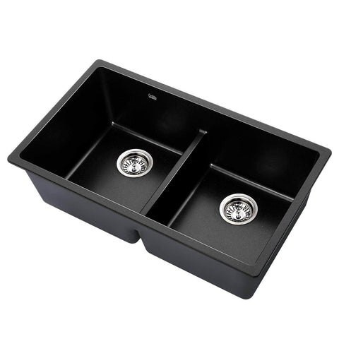 Stone Kitchen Sink 790X460Mm Granite Under/Topmount Basin Double Bowl Black