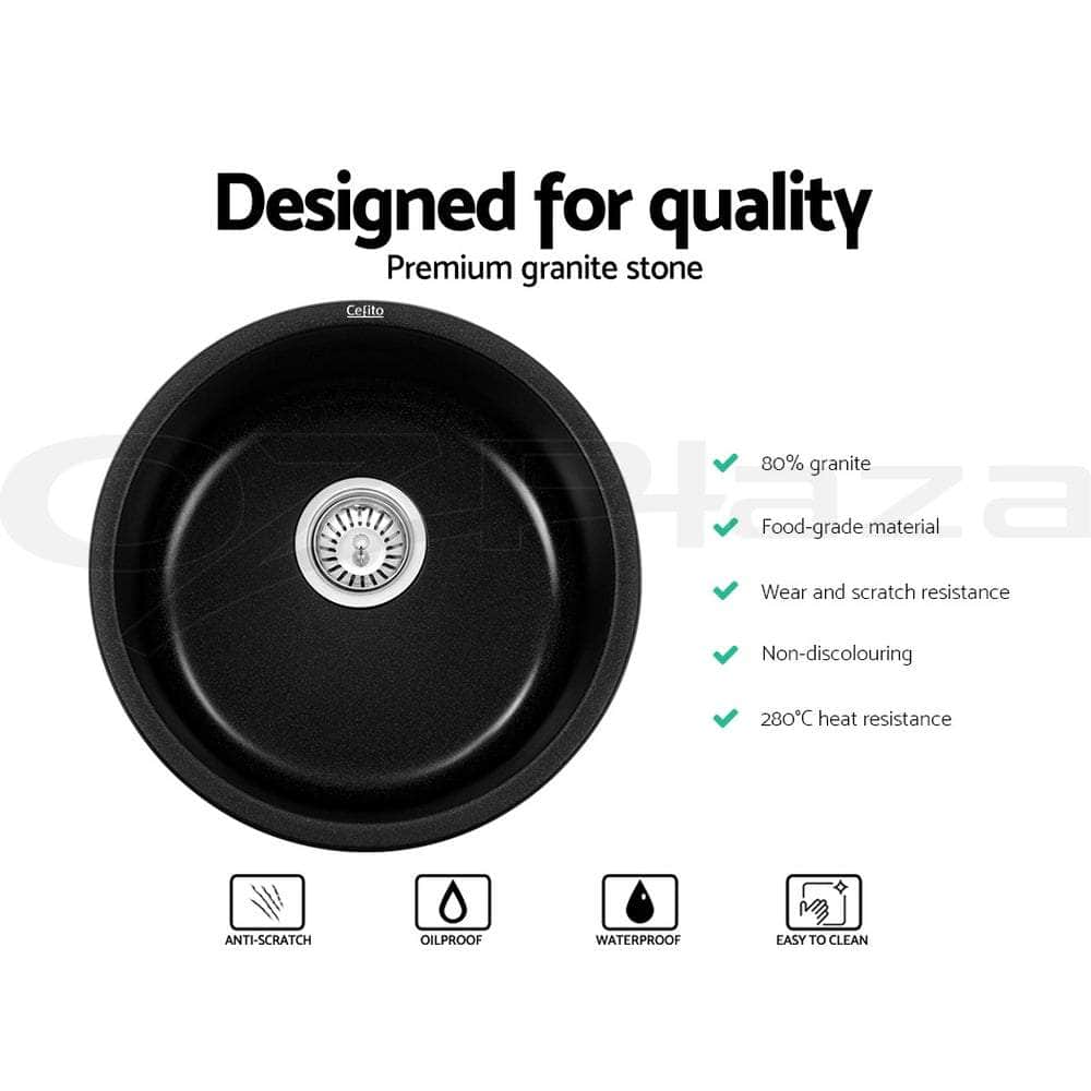 Stone Kitchen Sink Round 430Mm Granite Under/Topmount Basin Bowl Laundry Black